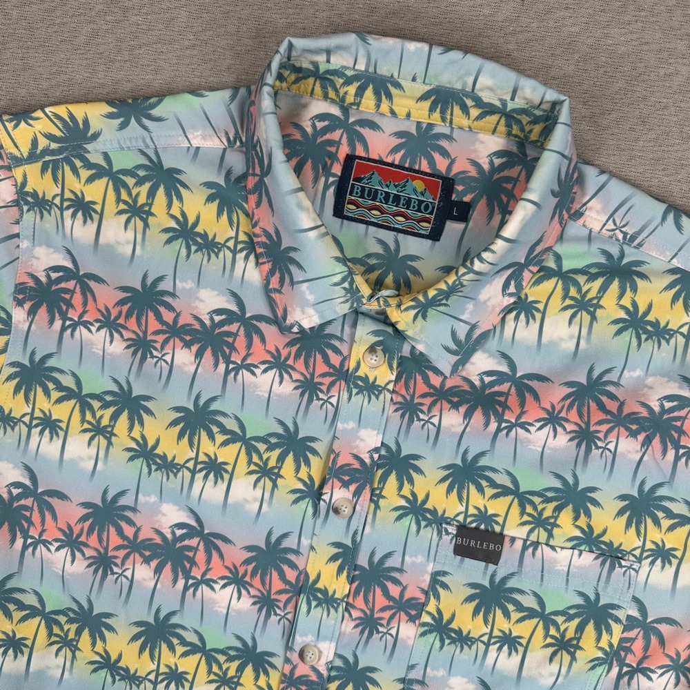BURLEBO Palm Tree Print Button-Down Shirt in Pastel Blue, Yellow & Pink
